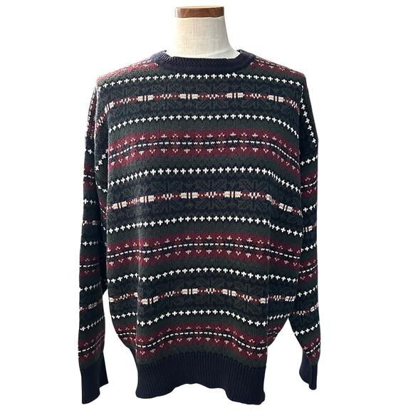 Vintage Woods & Gray Striped Knit Sweater XL Cottagecore Grandpa Navy Burgundy - Picture 1 of 9